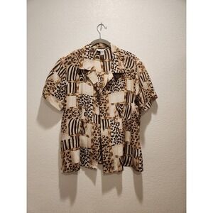 Allison Taylor 100% Silk Animal Print Patchwork Button Down Shirt Brown Tan L